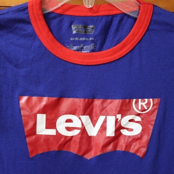 Levi’s Blue Ringer Spellout Logo Tee NWT Medium Youth Retro Graphic Shirt - Picture 4 of 12